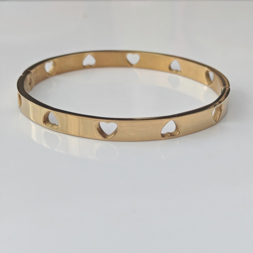 Gold Tone Stainless Steel Heart Cutout Slim Bangle Bracelet Hinge Cuff Jewelry